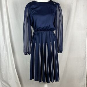 Vintage Blue & White Pleated Barone Knee Length Dress with Sheer Sleeves